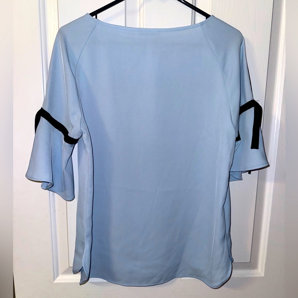 Calvin Klein Sky Blue Blouse with Black Trim and Bell Sleeves - Picture 2 of 3